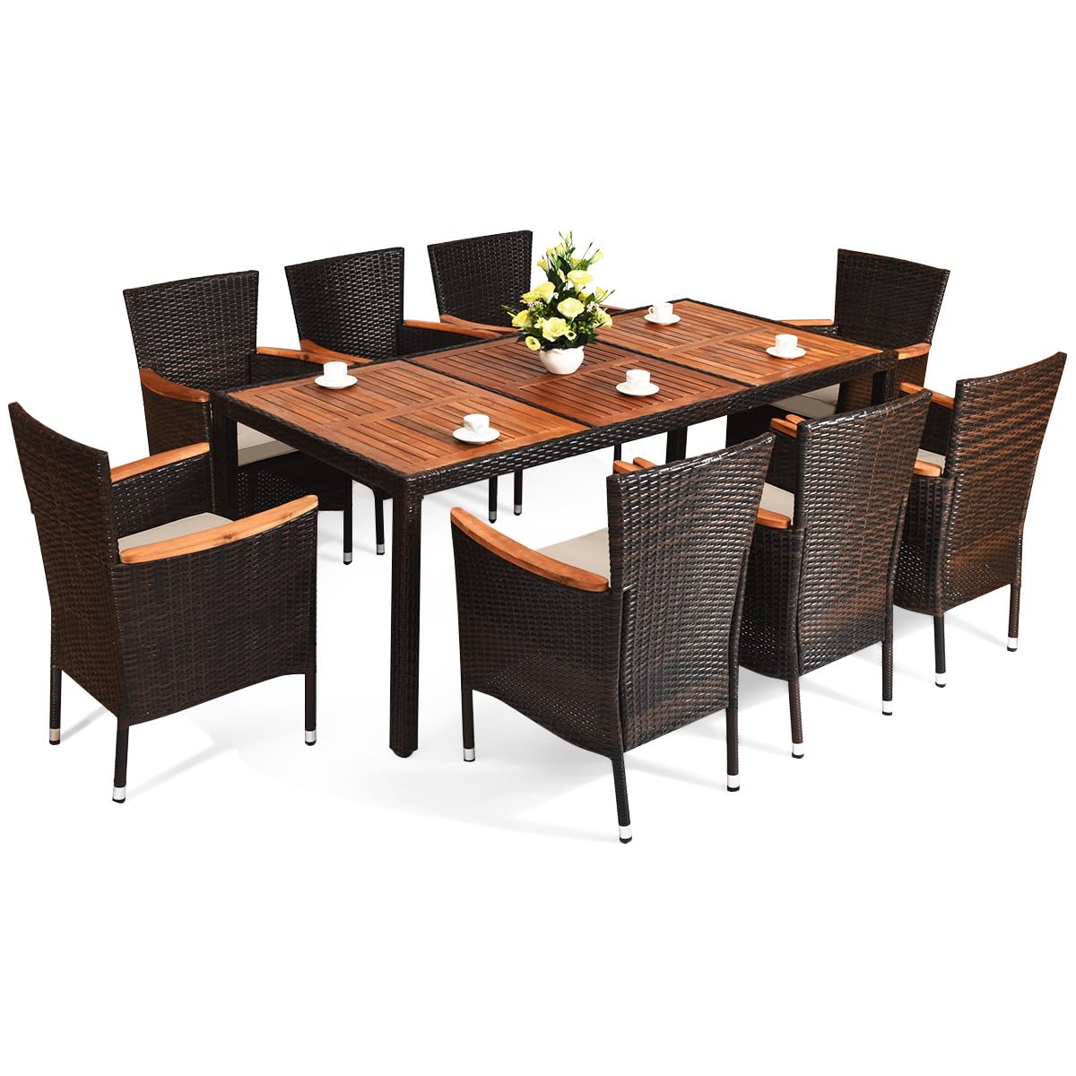 Tangkula 7 or 9 Piece Outdoor Dining Set, Patio Wicker Furniture Set with Acacia Wood Table Top w/Umbrella Hole